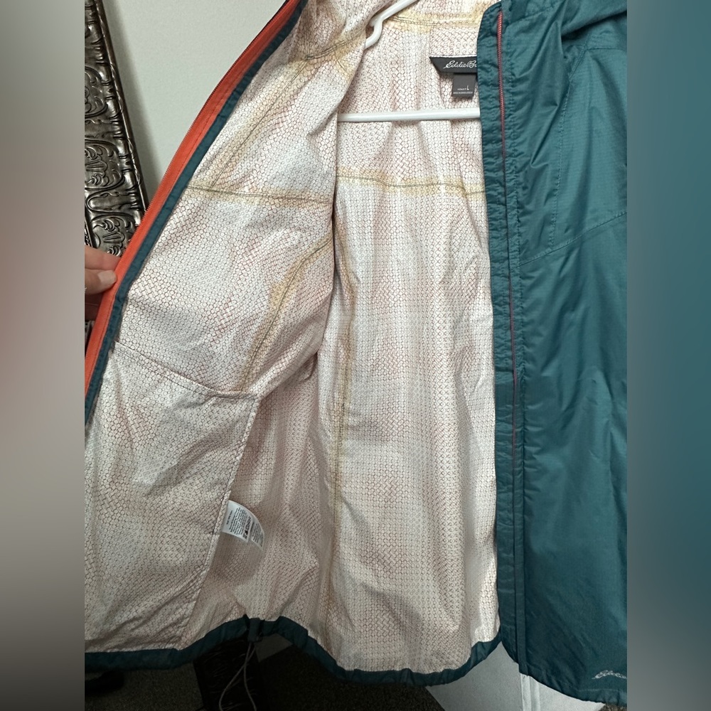 Eddie Bauer weather edge packable rain jacket. Women’s size large, color teal. - Picture 8 of 12